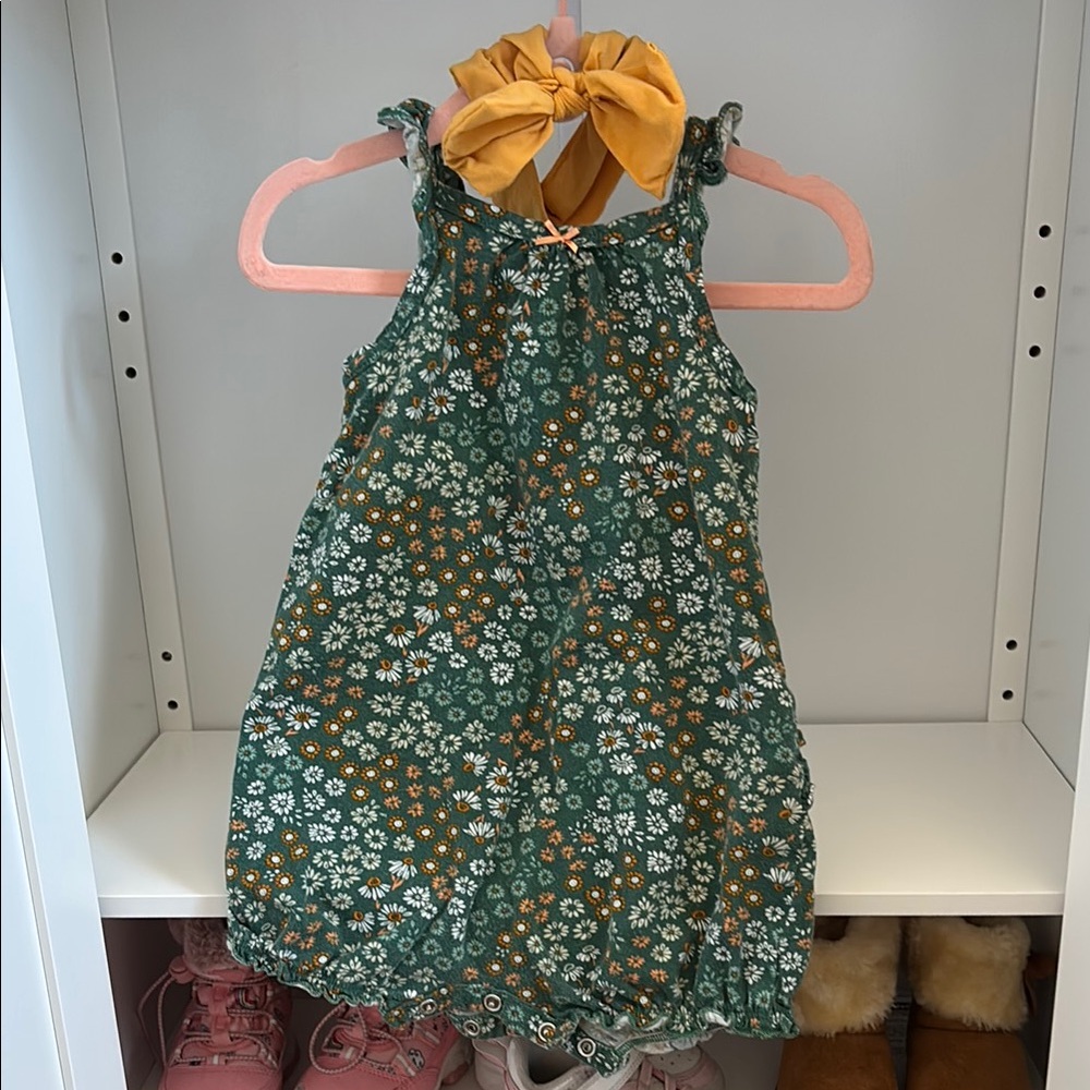 Floral Green Baby Dress with Yellow Bow